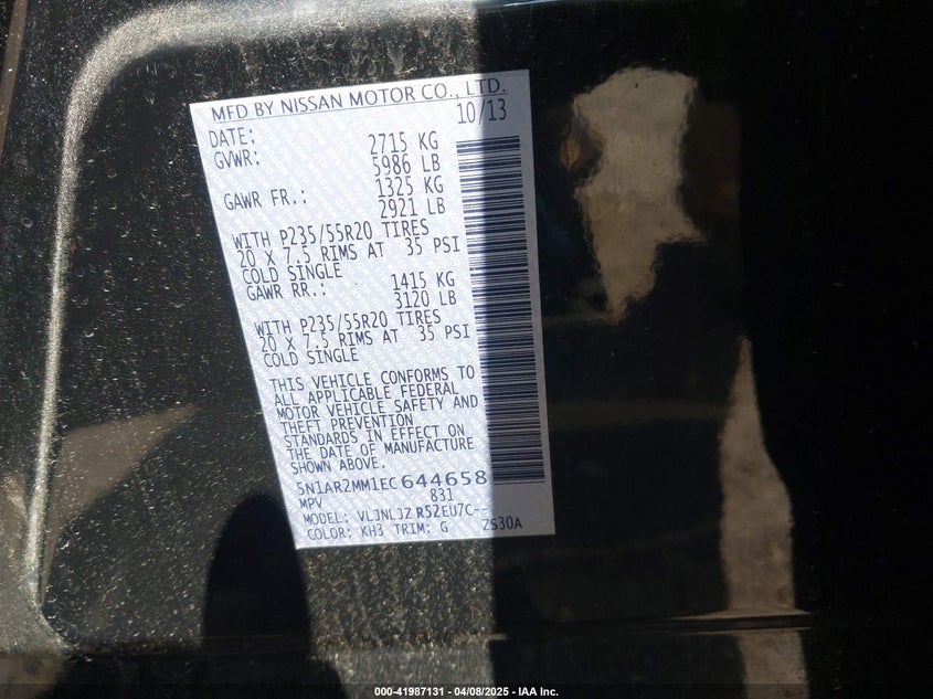 2014 Nissan Pathfinder Platinum VIN: 5N1AR2MM1EC644658 Lot: 41987131