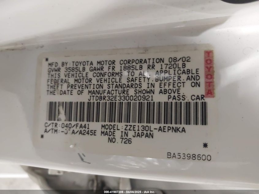 2003 Toyota Corolla Le VIN: JTDBR32E330020921 Lot: 41987206