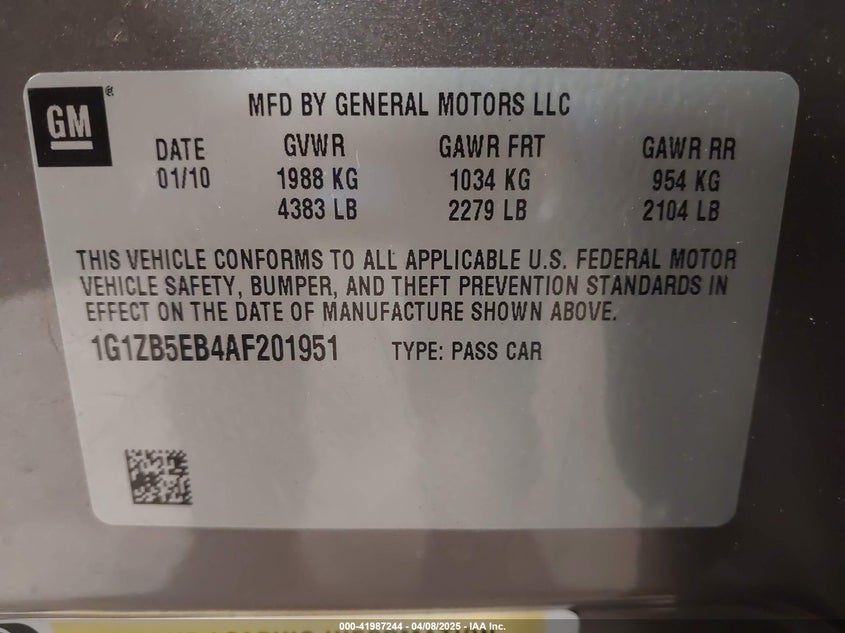 2010 CHEVROLET MALIBU VIN: 1G1ZB5EB4AF201951