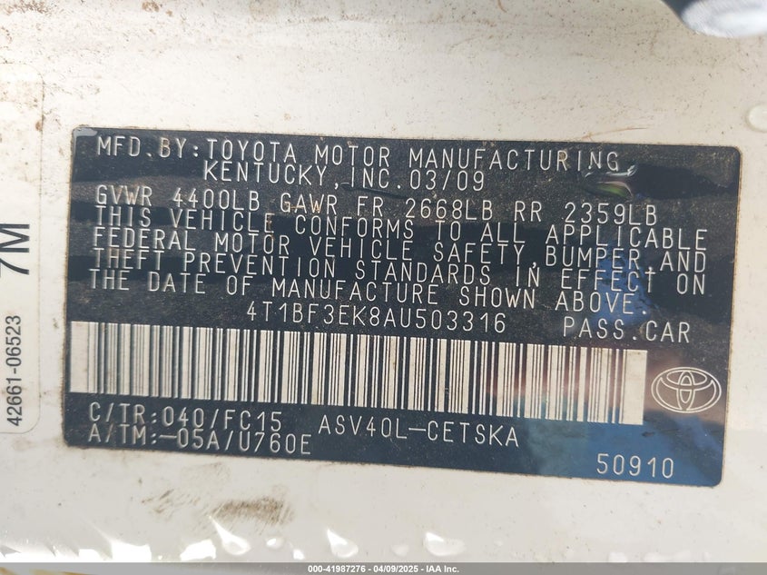 2010 TOYOTA CAMRY VIN: 4T1BF3EK8AU503316