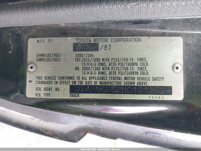 1987 Toyota 4Runner Rn60 VIN: JT4RN62S2H0131162 Lot: 41987385