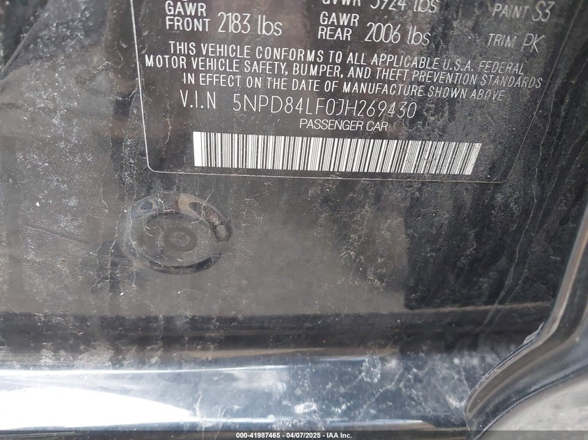 2018 HYUNDAI ELANTRA VIN: 5NPD84LF0JH269430