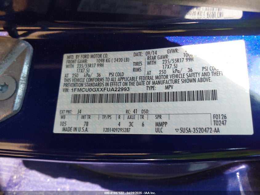 2015 FORD ESCAPE VIN: 1FMCU0GXXFUA22993