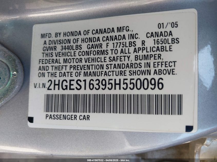 2005 Honda Civic Vp VIN: 2HGES16395H550096 Lot: 41987532