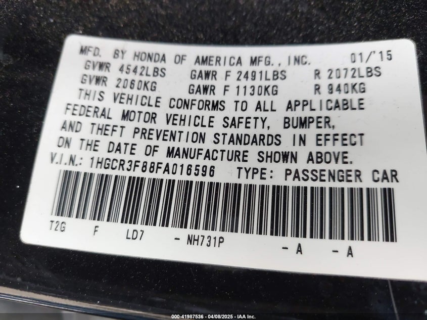 2015 HONDA ACCORD VIN: 1HGCR3F88FA016596