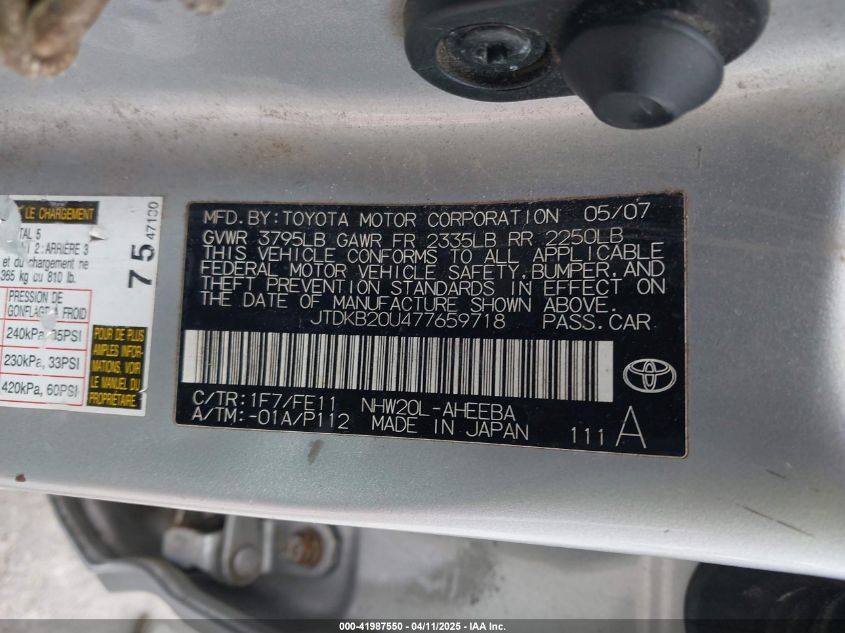 2007 Toyota Prius VIN: JTDKB20U477659718 Lot: 43413613