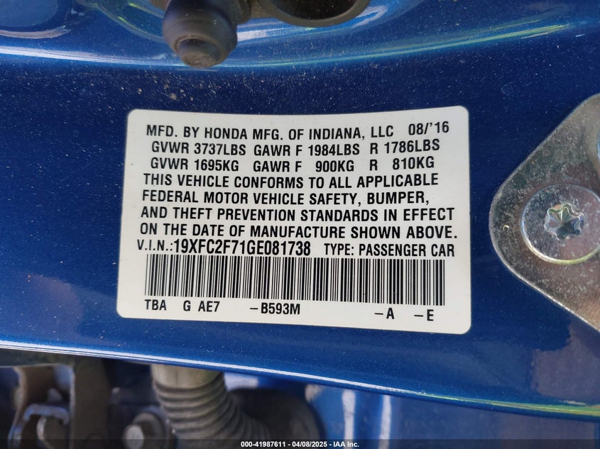 2016 HONDA CIVIC VIN: 19XFC2F71GE081738