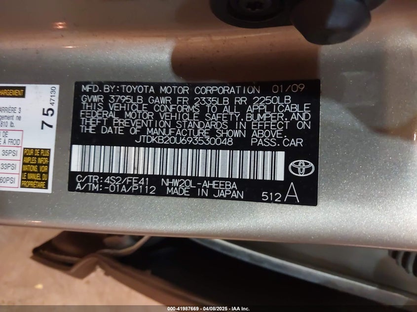 2009 TOYOTA PRIUS VIN: JTDKB20U693530048