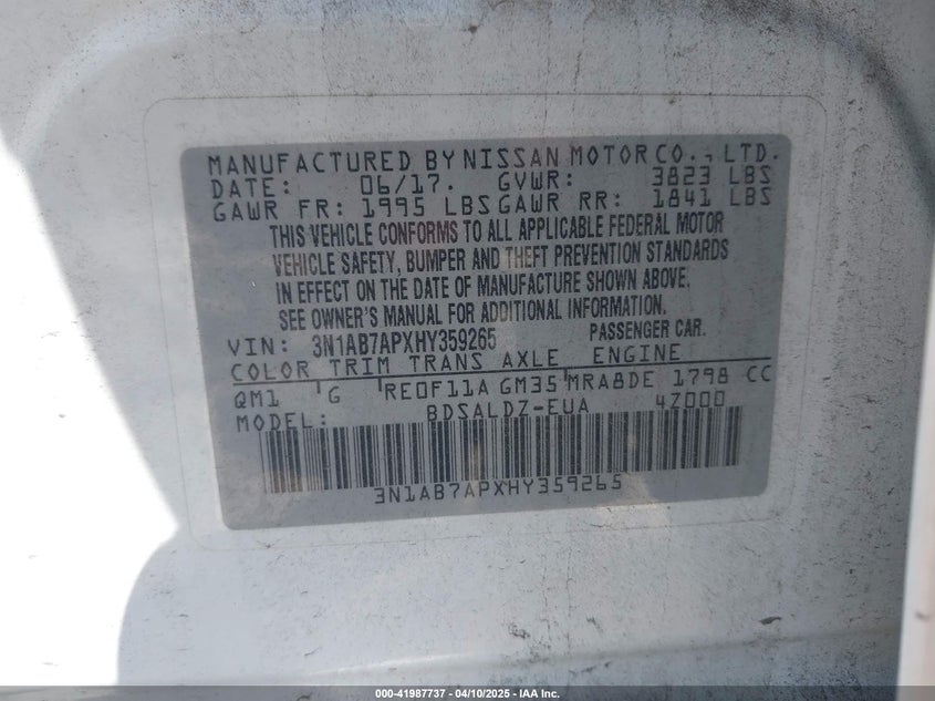 VIN 3N1AB7APXHY359265 2017 NISSAN SENTRA SV
