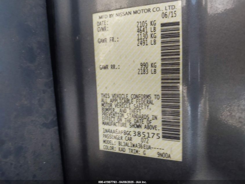 2016 Nissan Maxima 3.5 Sr VIN: 1N4AA6AP8GC385175 Lot: 41987763