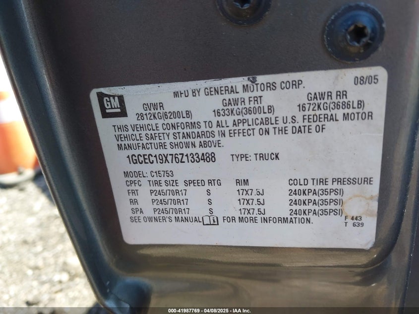 2006 CHEVROLET SILVERADO 1500 VIN: 1GCEC19X76Z133488