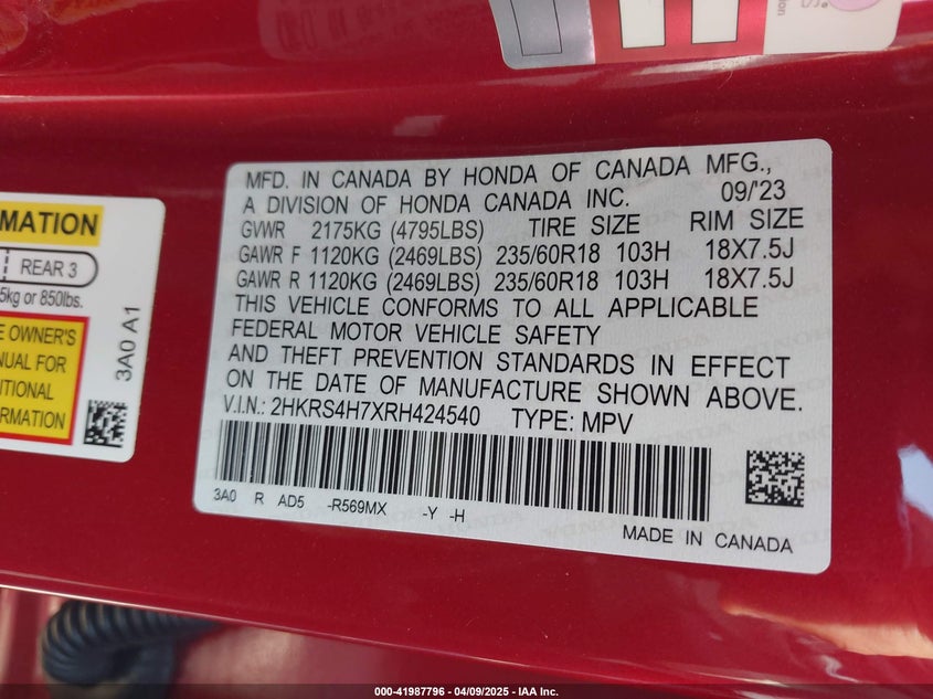 2024 HONDA CRV VIN: 2HKRS4H7XRH424540