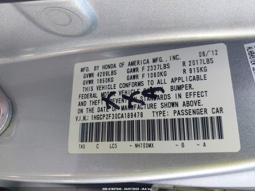2012 HONDA ACCORD VIN: 1HGCP2F30CA189478