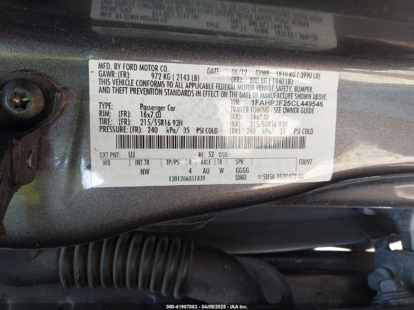 2012 Ford Focus Se VIN: 1FAHP3F25CL449546 Lot: 41987883