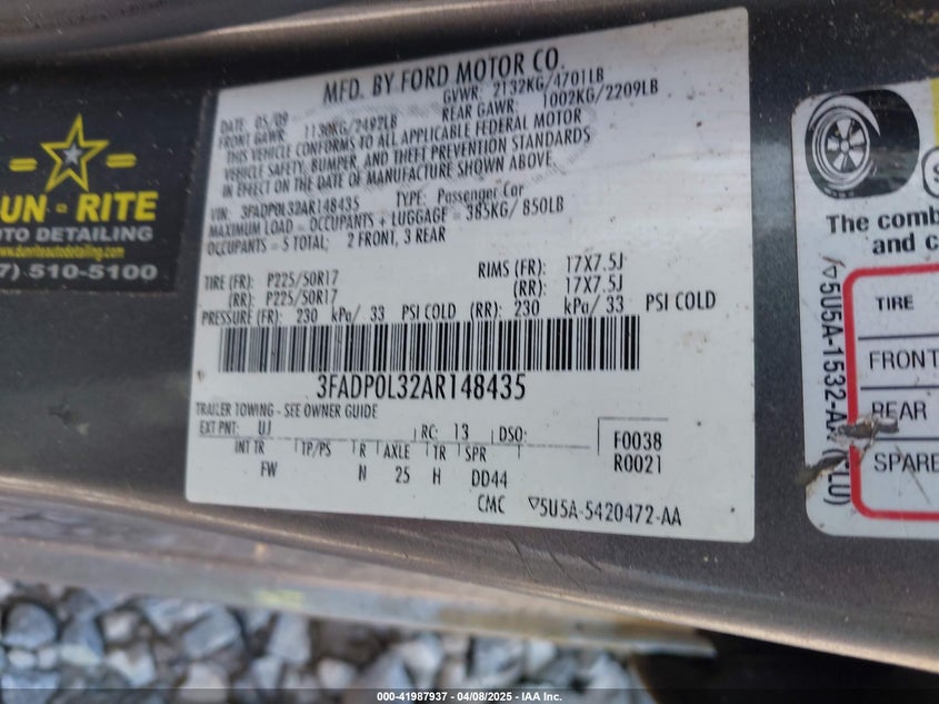 2010 FORD FUSION HYBRID VIN: 3FADP0L32AR148435