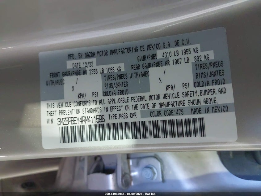 2024 MAZDA MAZDA3 VIN: 3MZBPBEY4RM411598