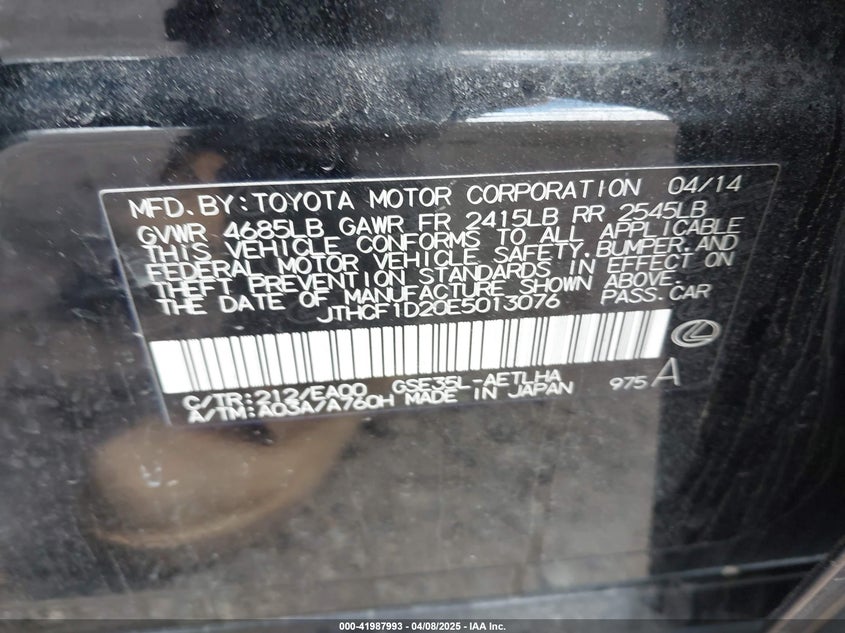 2014 LEXUS IS 250 VIN: JTHCF1D20E5013076