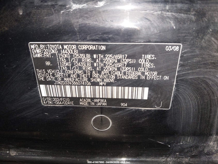 2008 TOYOTA RAV4 VIN: JTMZD33V386074106
