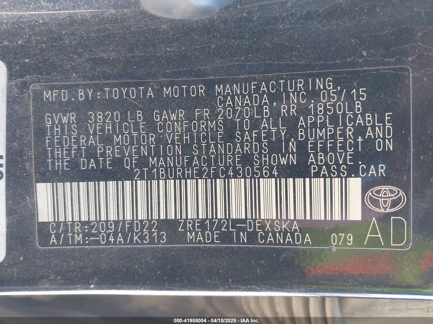 2015 TOYOTA COROLLA VIN: 2T1BURHE2FC430564