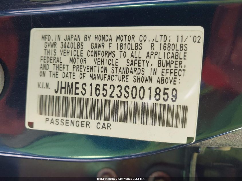 2003 Honda Civic Lx VIN: JHMES16523S001859 Lot: 41988082