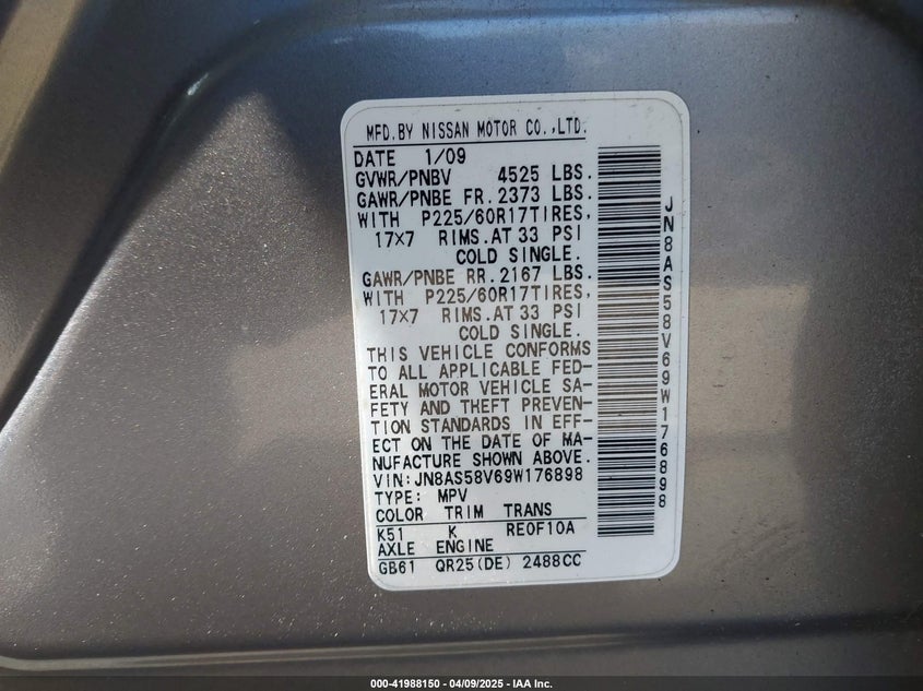 2009 NISSAN ROGUE VIN: JN8AS58V69W176898