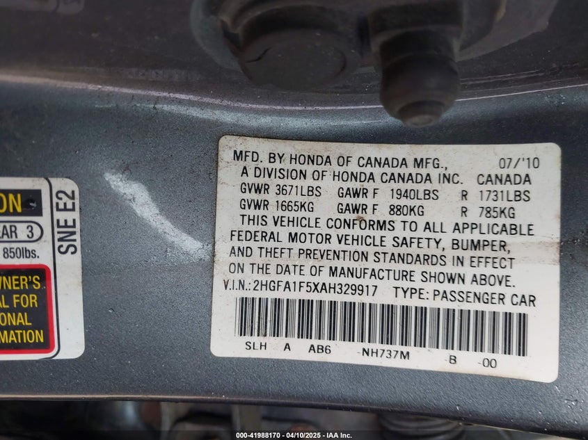 2010 HONDA CIVIC VIN: 2HGFA1F5XAH329917