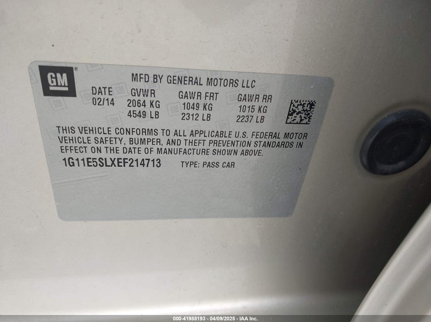 2014 CHEVROLET MALIBU VIN: 1G11E5SLXEF214713