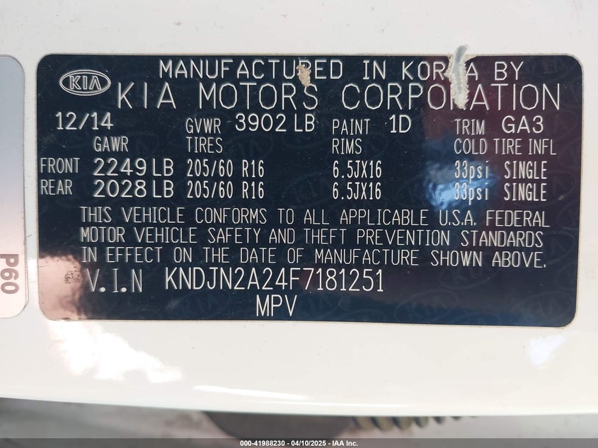 2015 Kia Soul VIN: KNDJN2A24F7181251 Lot: 41988230