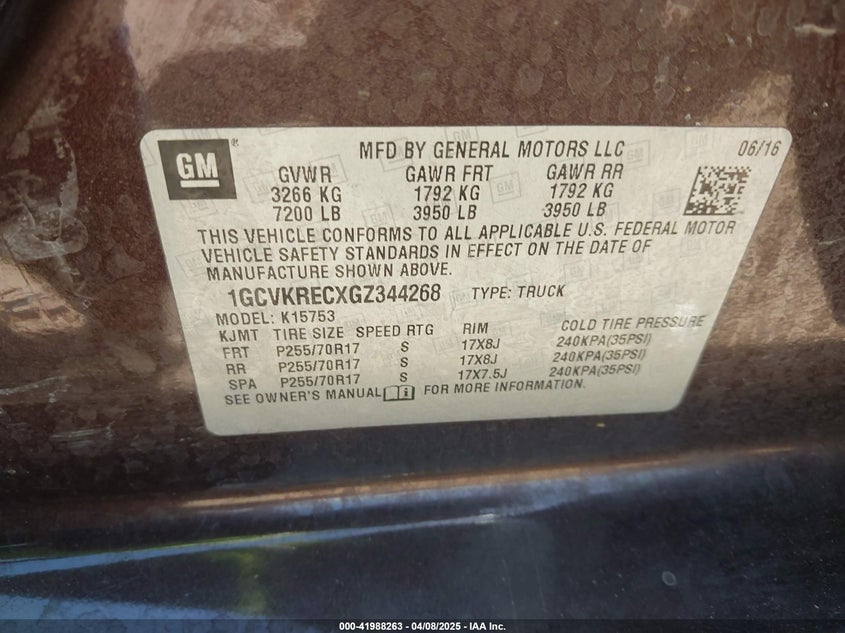 2016 CHEVROLET SILVERADO 1500 VIN: 1GCVKRECXGZ344268