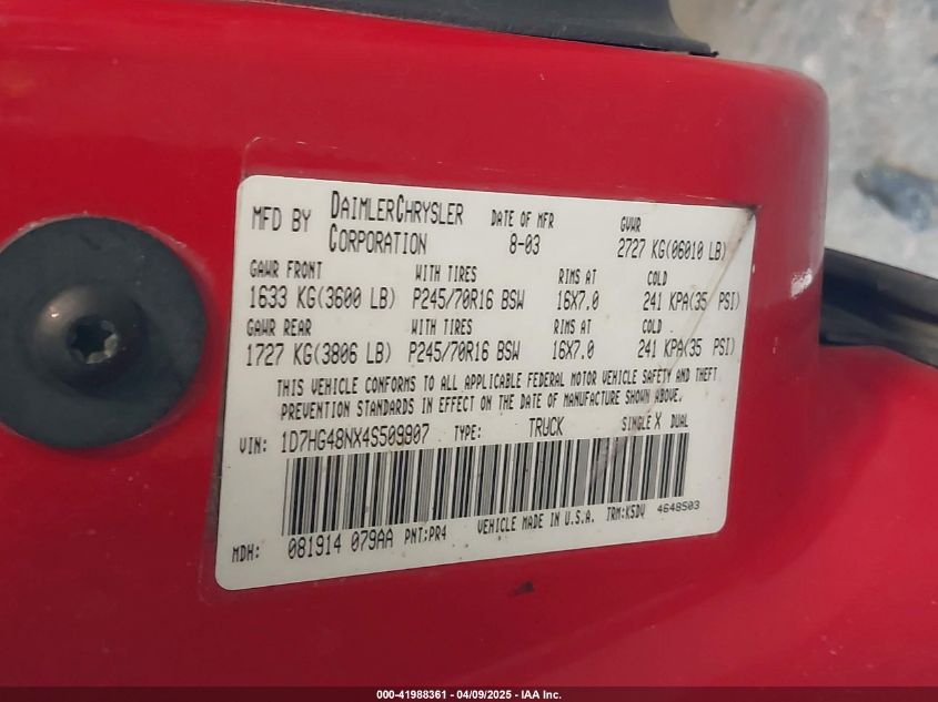 2004 Dodge Dakota Slt VIN: 1D7HG48NX4S509907 Lot: 41988361