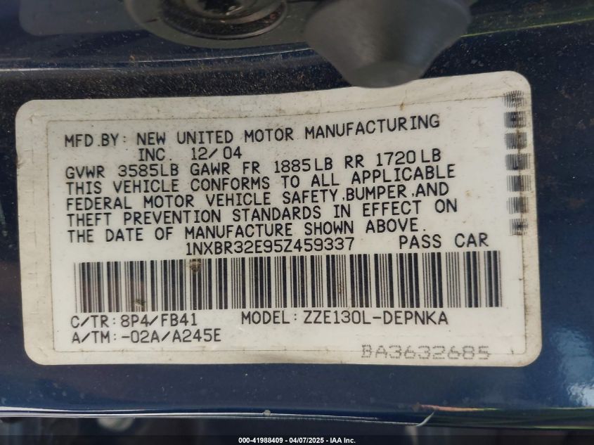 2005 Toyota Corolla Le VIN: 1NXBR32E95Z459337 Lot: 41988409