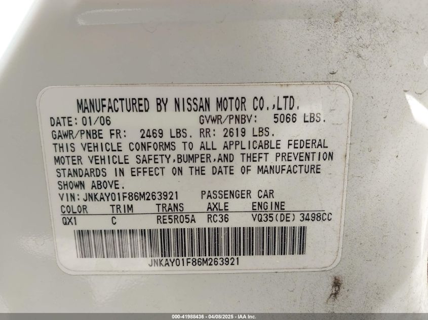 2006 Infiniti M35X VIN: JNKAY01F86M263921 Lot: 41988436