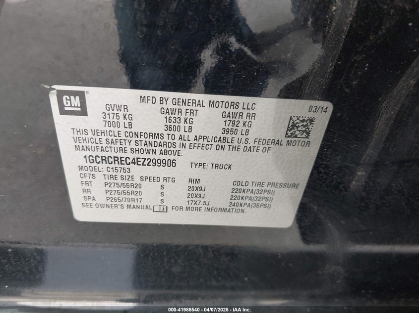 2014 CHEVROLET SILVERADO 1500 VIN: 1GCRCREC4EZ299906