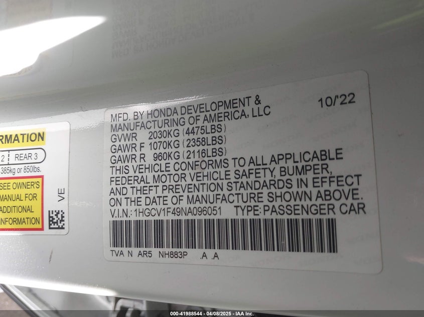 2022 HONDA ACCORD VIN: 1HGCV1F49NA096051