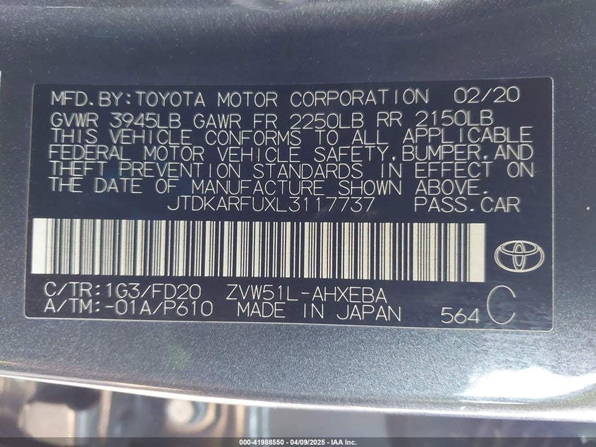 2020 TOYOTA PRIUS VIN: JTDKARFUXL3117737