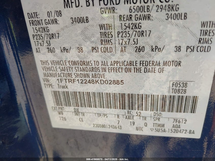 2008 FORD F150 VIN: 1FTRF12248KD02885