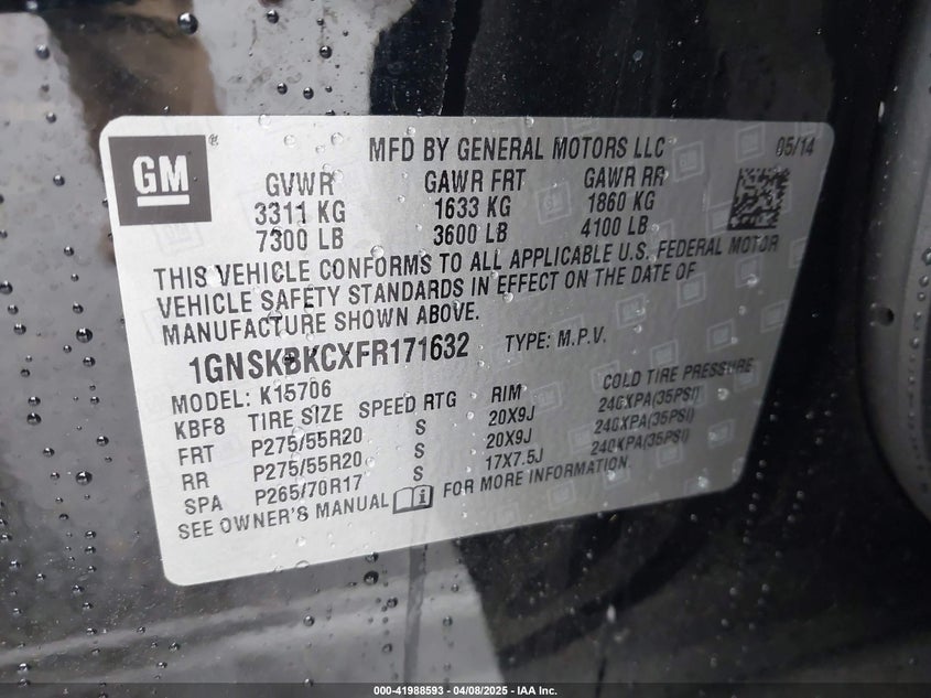 2015 CHEVROLET TAHOE VIN: 1GNSKBKCXFR171632