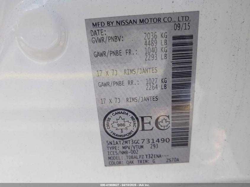 2016 NISSAN ROGUE VIN: 5N1AT2MT3GC731490