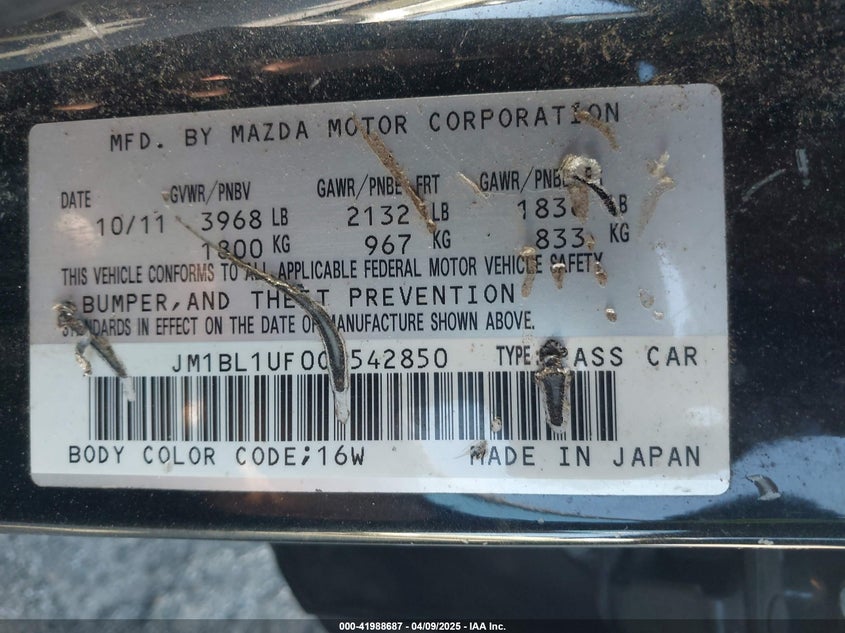 2012 MAZDA 3 VIN: JM1BL1UF0C1542850