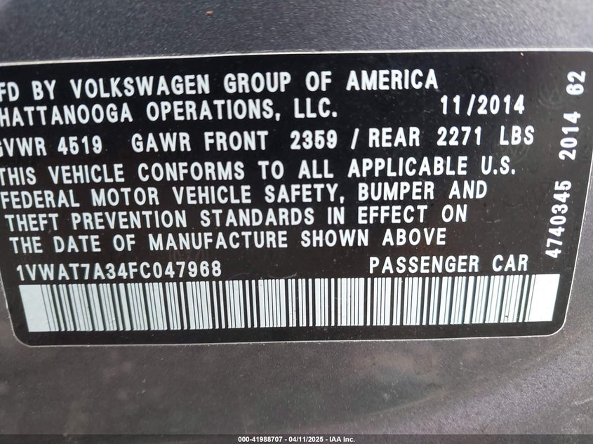 2015 VOLKSWAGEN PASSAT VIN: 1VWAT7A34FC047968