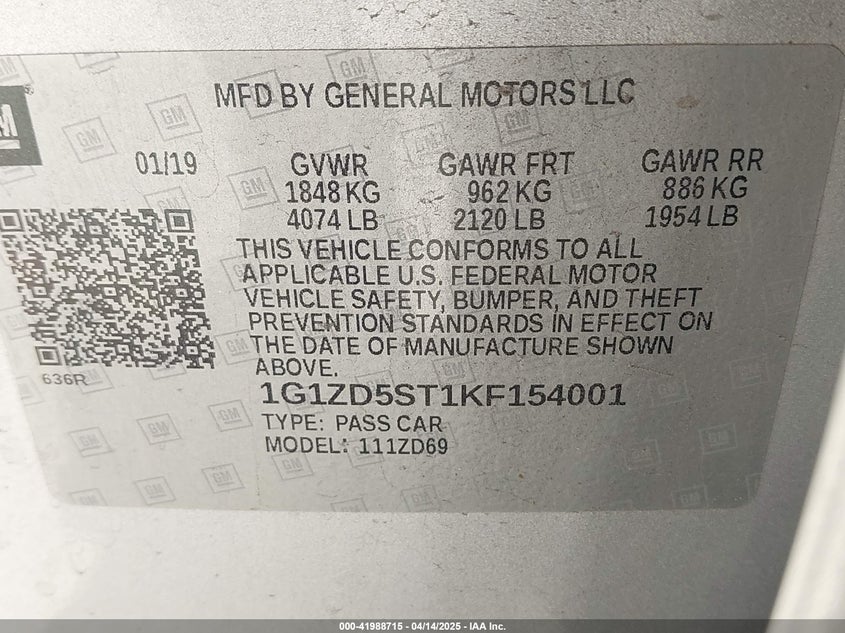 2019 CHEVROLET MALIBU VIN: 1G1ZD5ST1KF154001