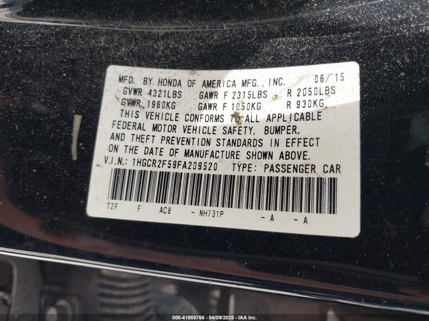 2015 HONDA ACCORD VIN: 1HGCR2F59FA209520