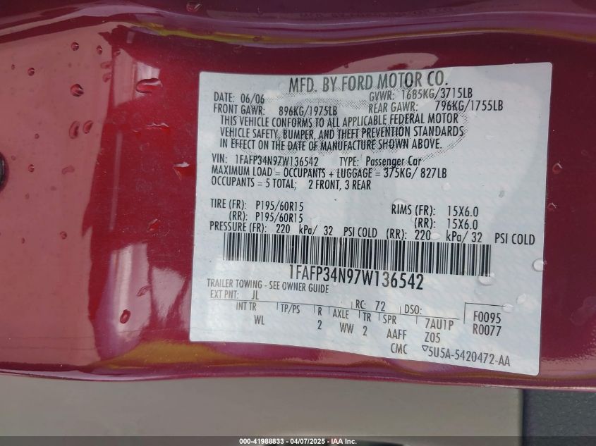 2007 Ford Focus S/Se/Ses VIN: 1FAFP34N97W136542 Lot: 41988833