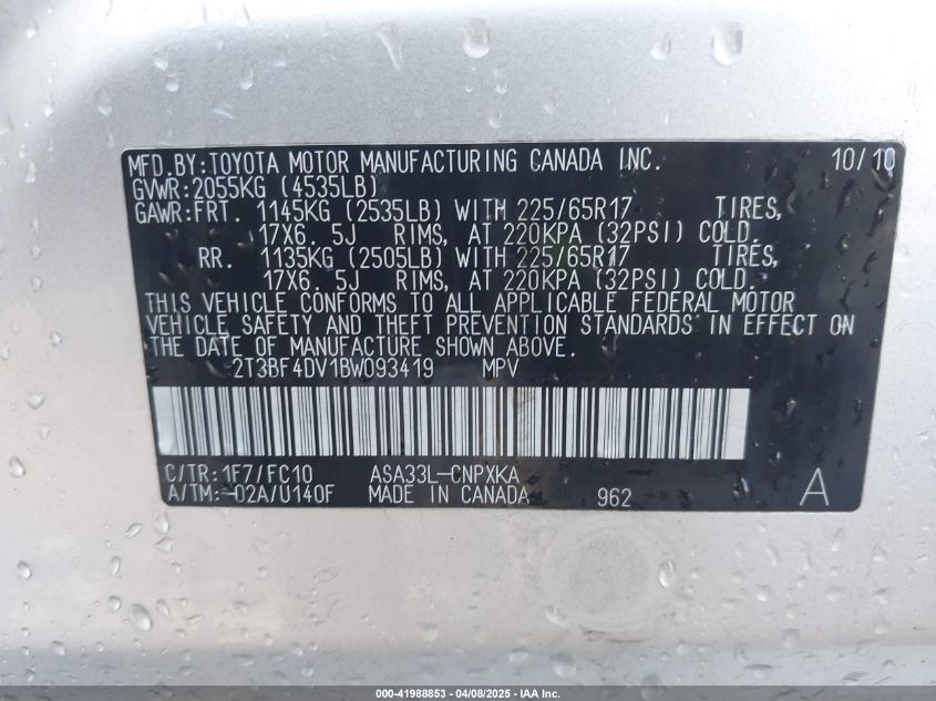 2011 Toyota Rav4 VIN: 2T3BF4DV1BW093419 Lot: 41988853