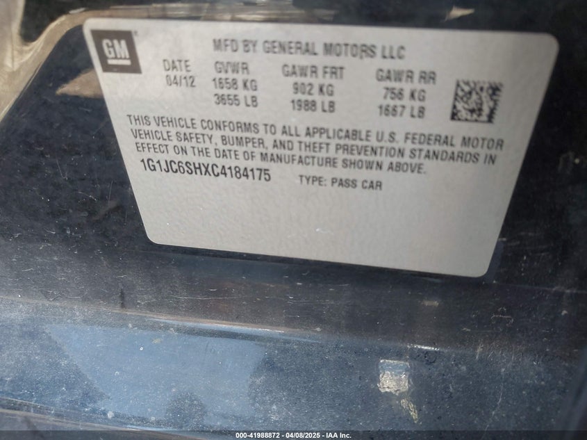 2012 CHEVROLET SONIC VIN: 1G1JC6SHXC4184175