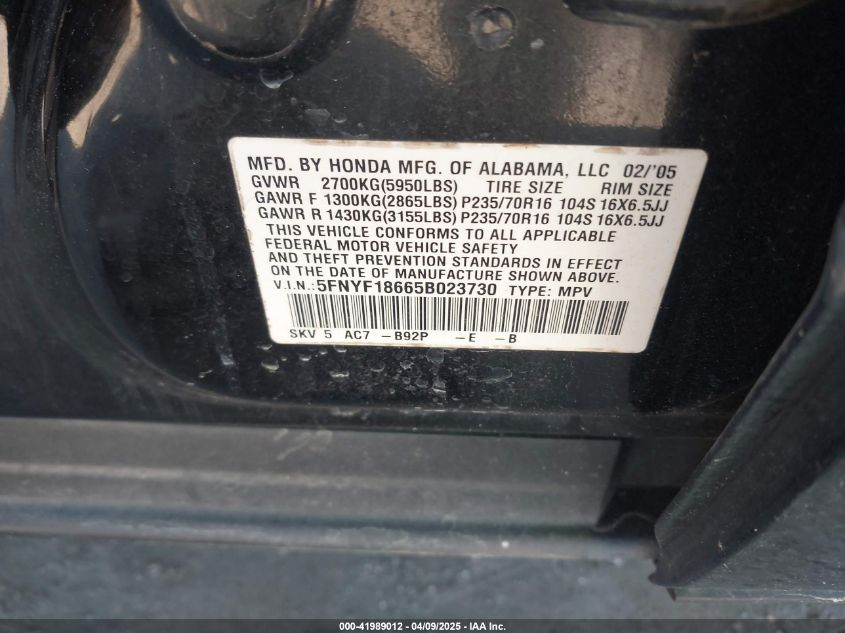 2005 Honda Pilot Ex-L VIN: 5FNYF18665B023730 Lot: 41989012
