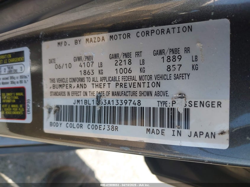 2010 MAZDA MAZDA3 VIN: JM1BL1H63A1339748