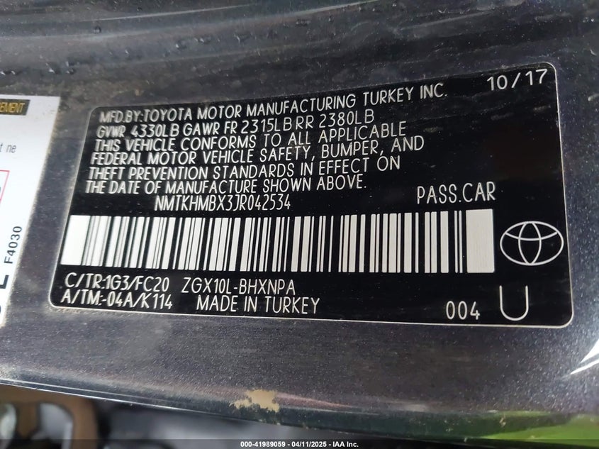 VIN NMTKHMBX3JR042534 2018 TOYOTA C-HR XLE