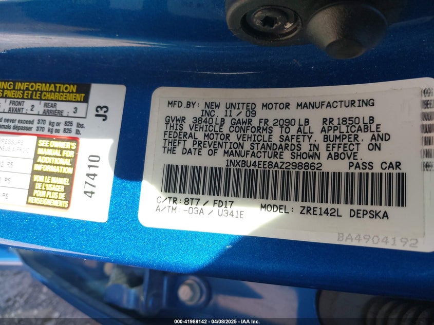 2010 TOYOTA COROLLA VIN: 1NXBU4EE8AZ298862