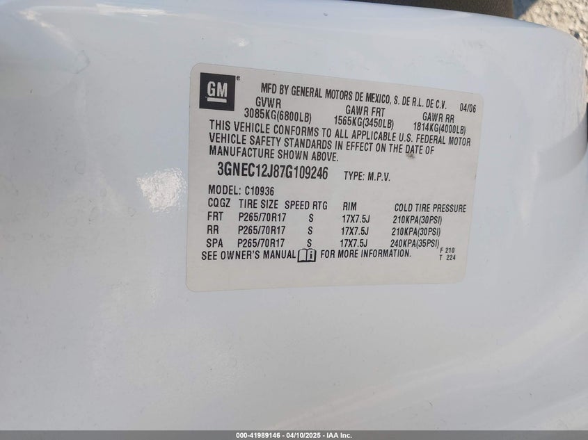 2007 CHEVROLET AVALANCHE 1500 VIN: 3GNEC12J87G109246